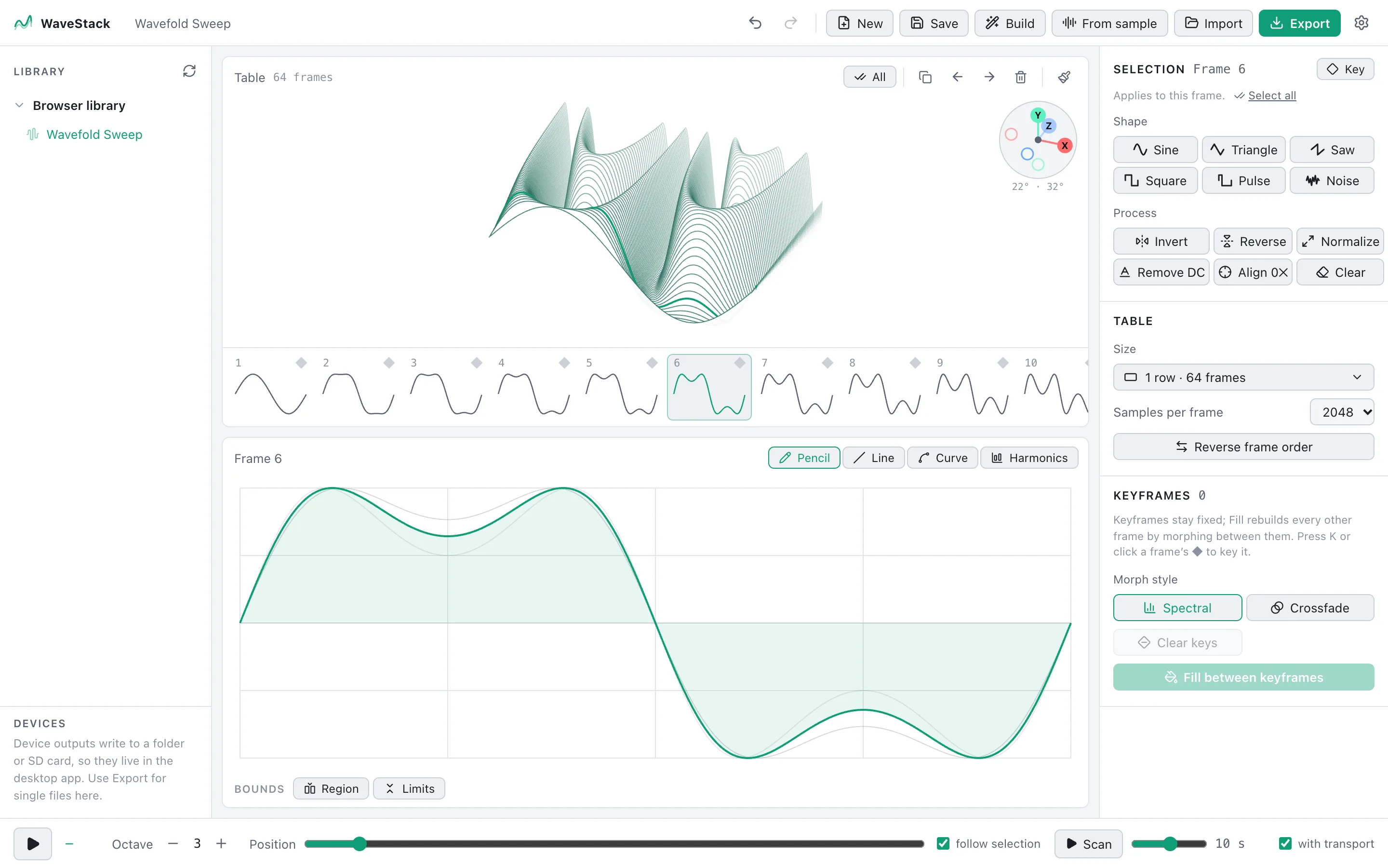 WaveStack showing a 64-frame wavefold table in its 3D view, with the frame editor below and the inspector on the right (Daylight color scheme)