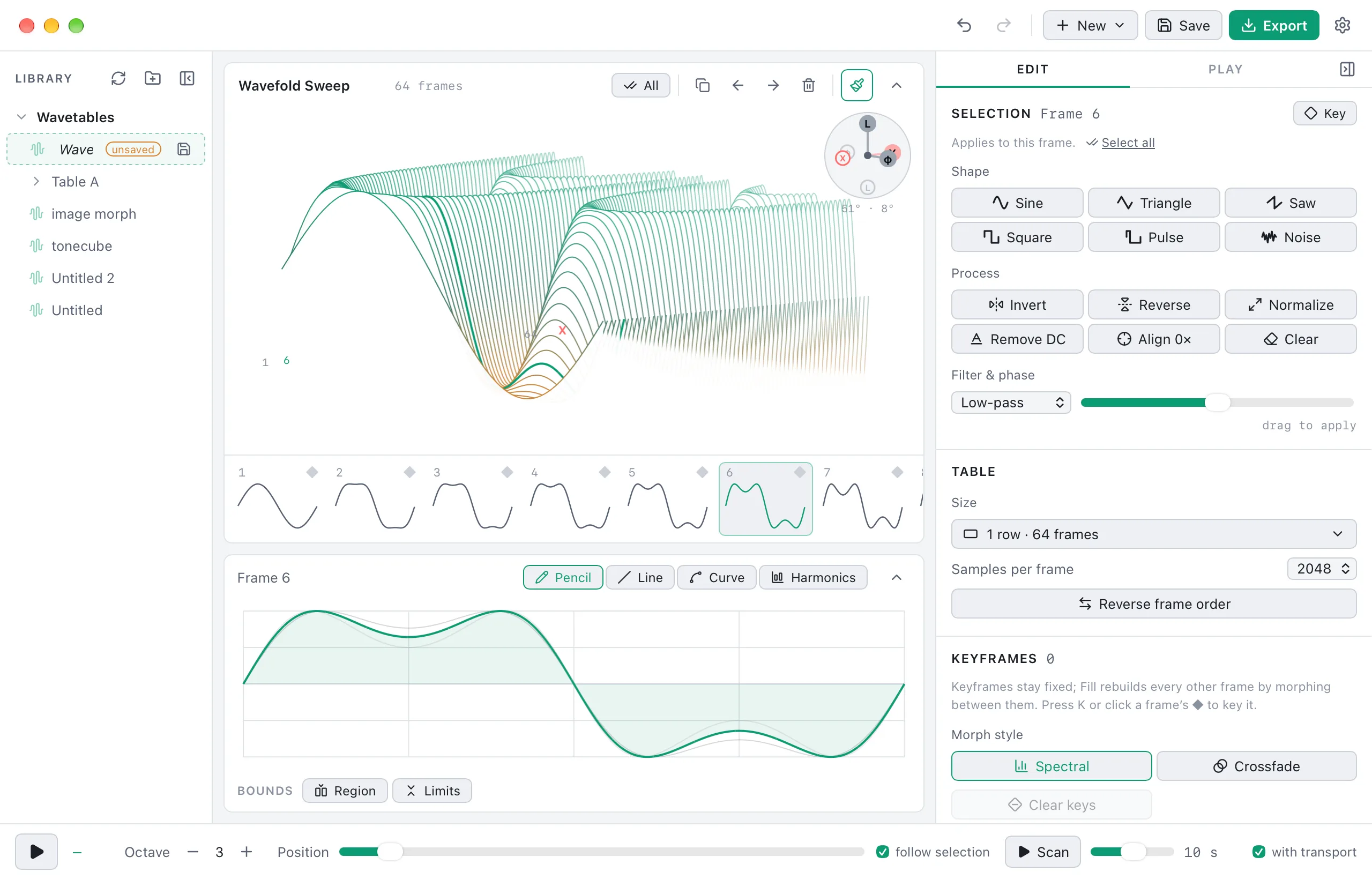 The WaveStack app on macOS showing a 64-frame wavefold table in its 3D view, with the frame editor below and the inspector on the right (Daylight color scheme)