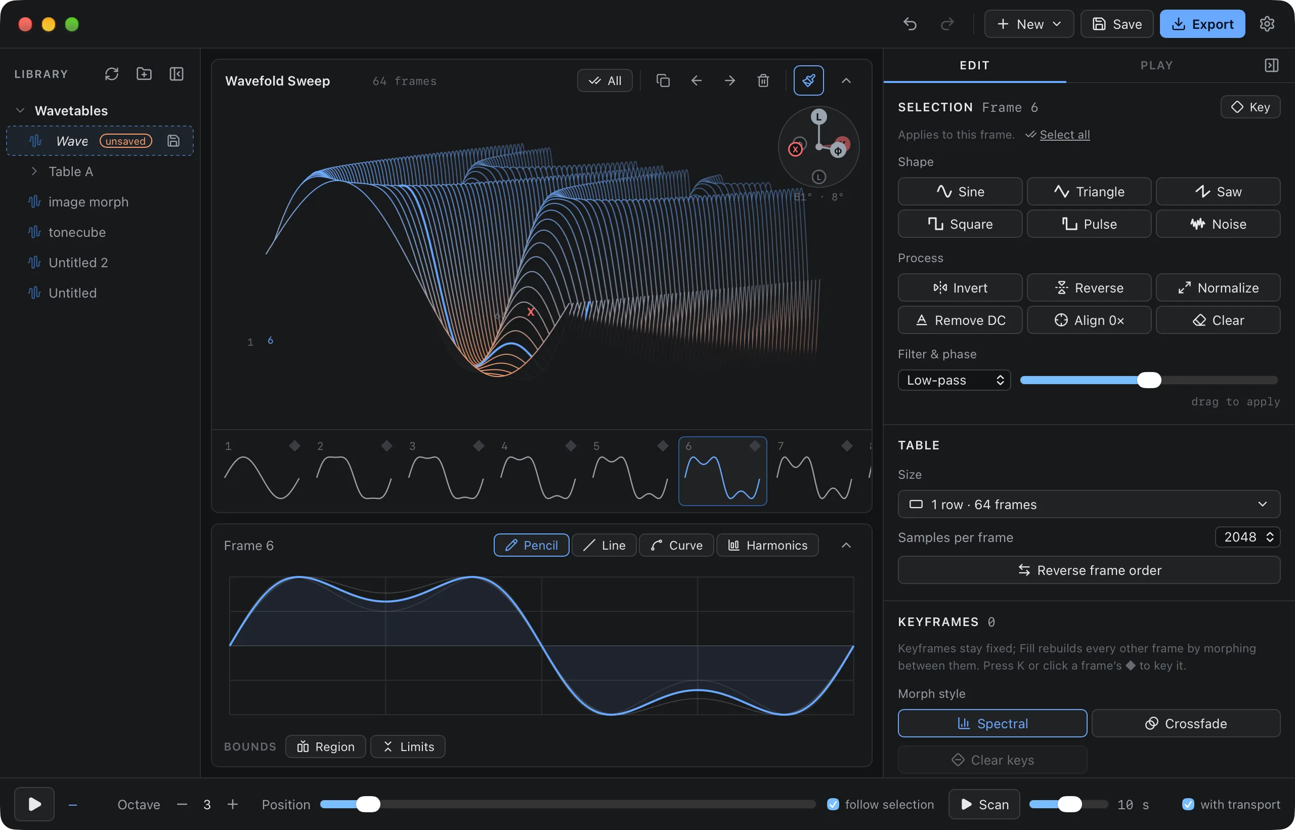 The WaveStack app on macOS showing a 64-frame wavefold table in its 3D view, with the frame editor below and the inspector on the right (Graphite color scheme)