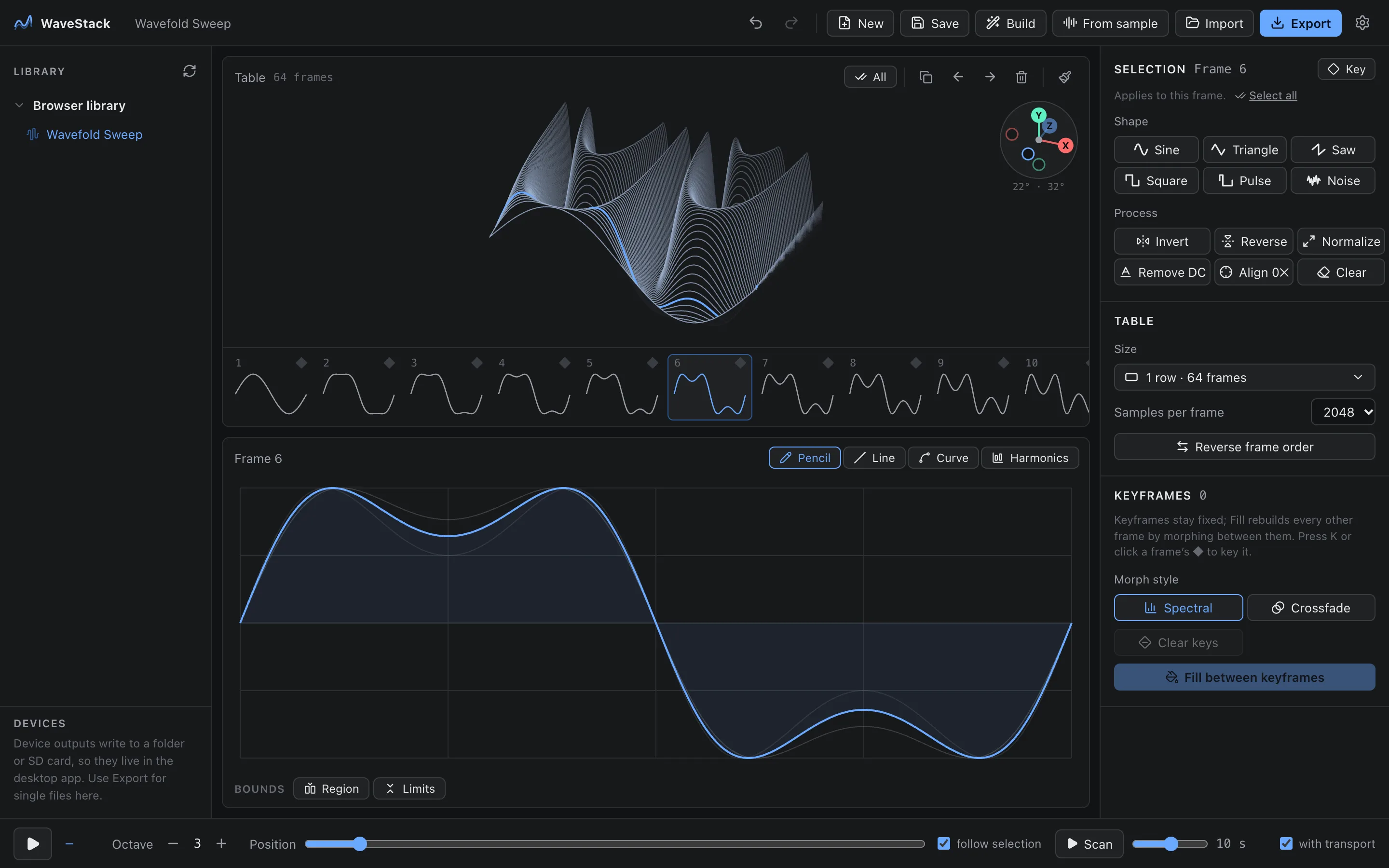 WaveStack showing a 64-frame wavefold table in its 3D view, with the frame editor below and the inspector on the right (Graphite color scheme)