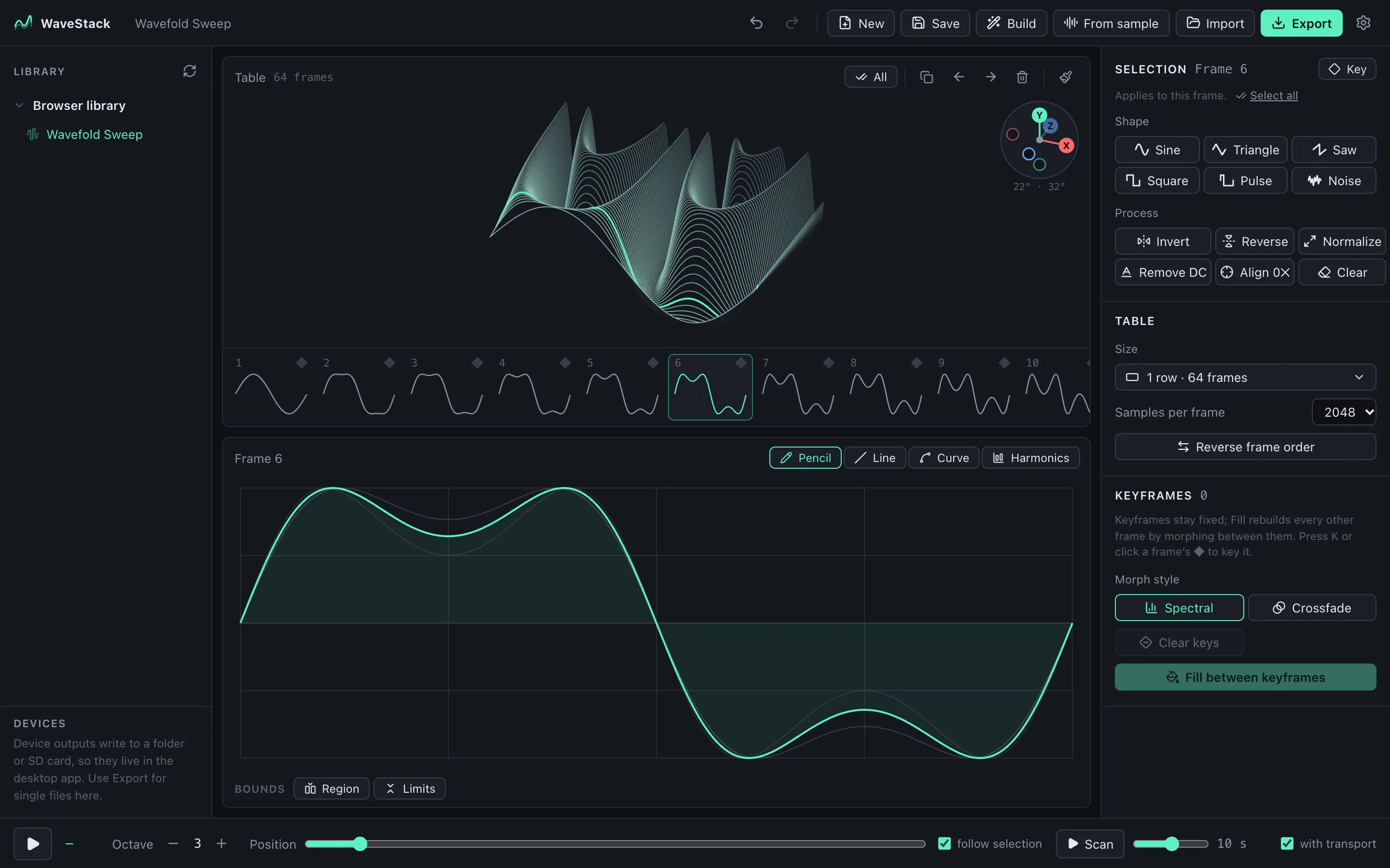 WaveStack showing a 64-frame wavefold table in its 3D view, with the frame editor below and the inspector on the right (Midnight color scheme)