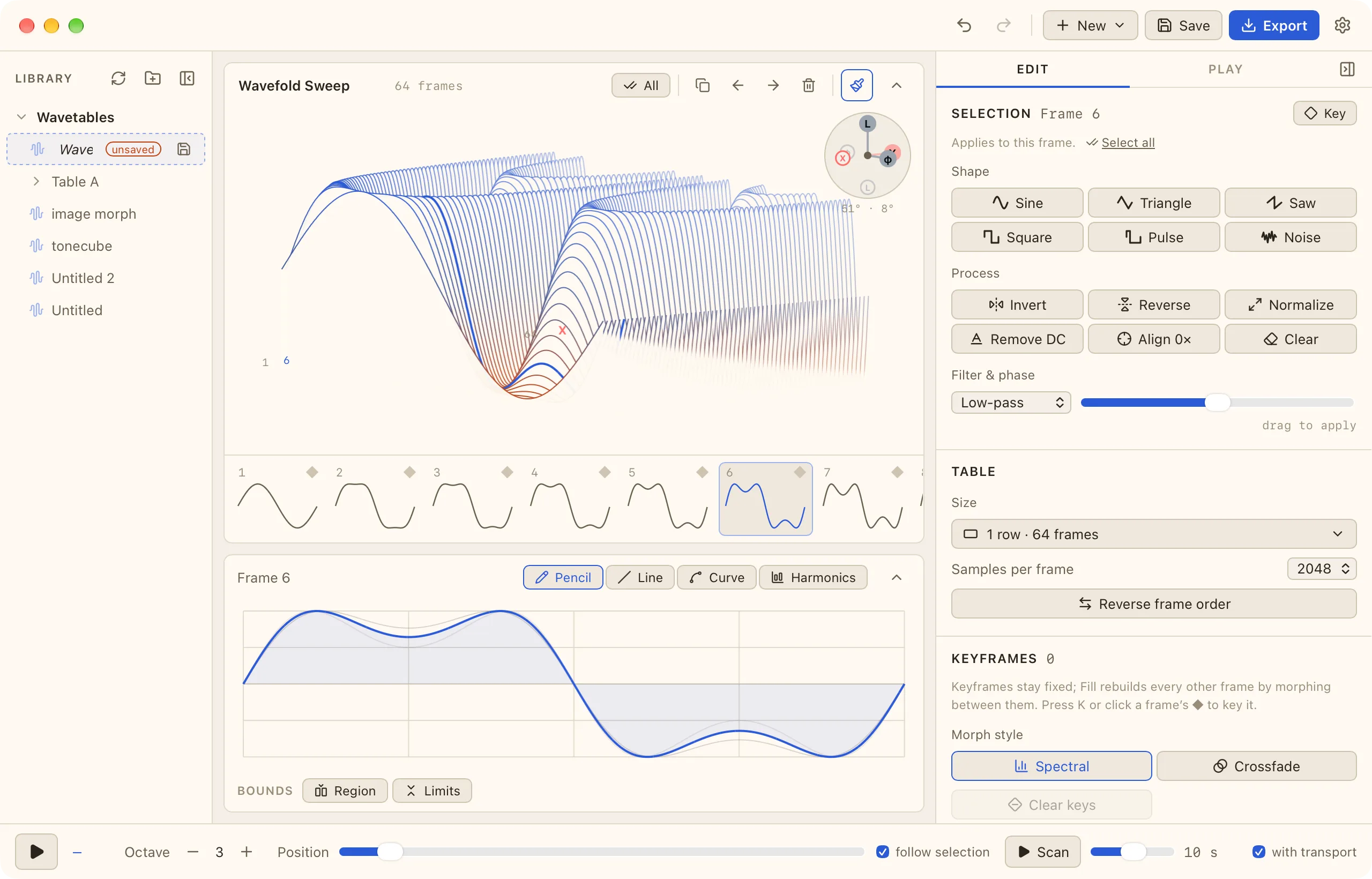 The WaveStack app on macOS showing a 64-frame wavefold table in its 3D view, with the frame editor below and the inspector on the right (Paper color scheme)