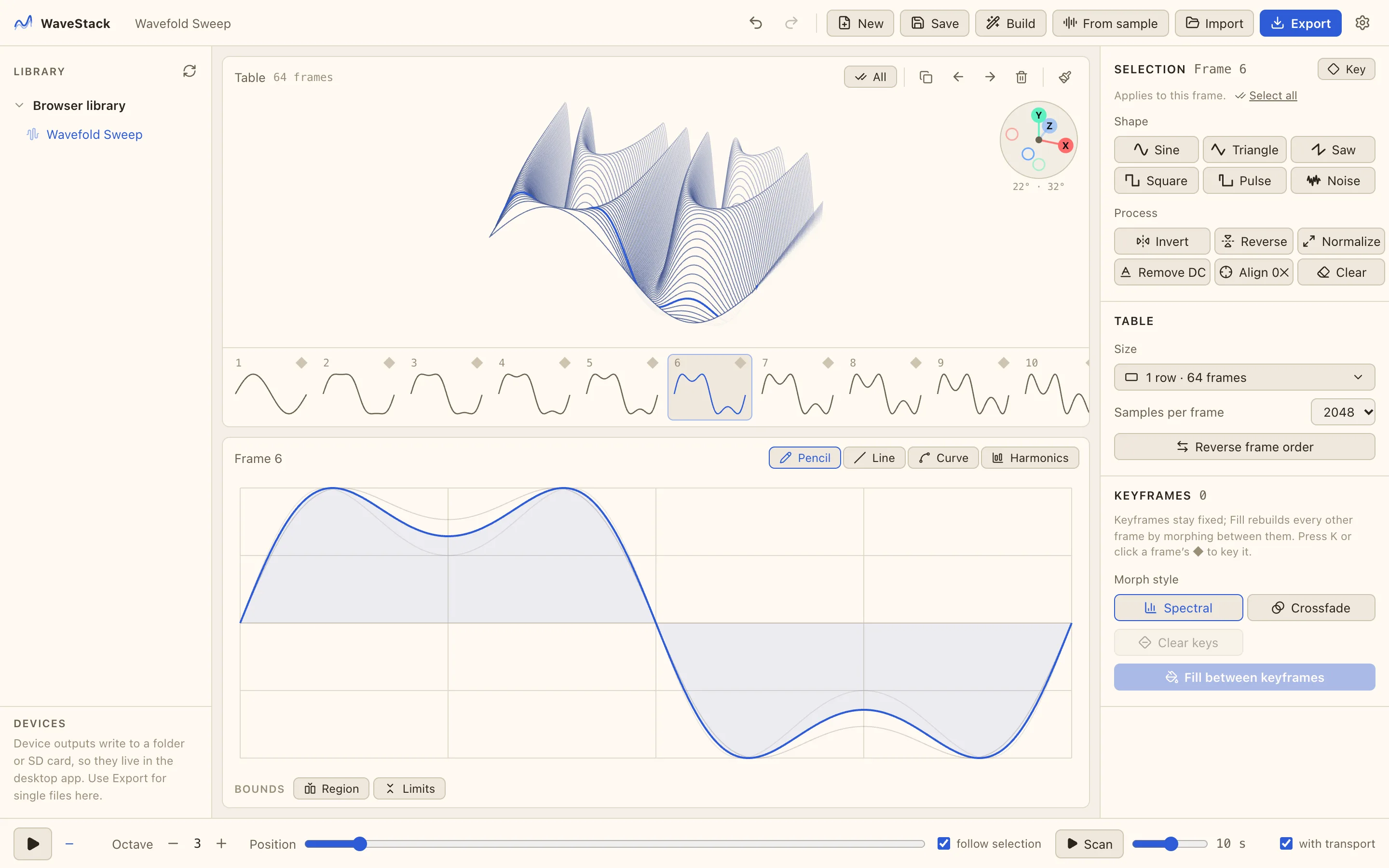 WaveStack showing a 64-frame wavefold table in its 3D view, with the frame editor below and the inspector on the right (Paper color scheme)
