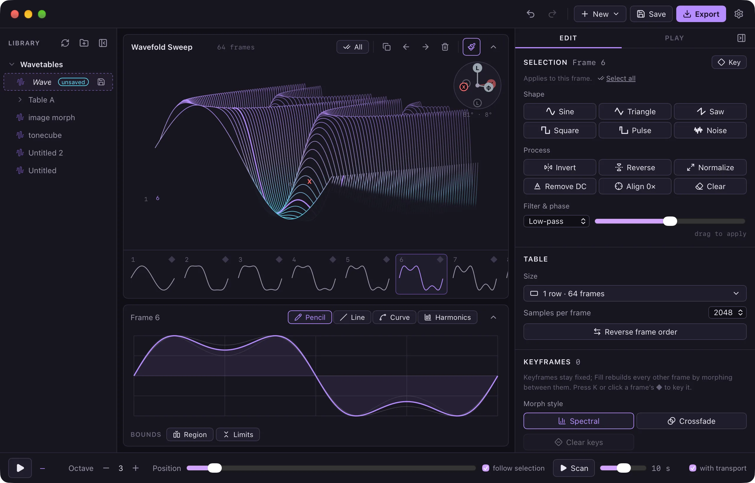 The WaveStack app on macOS showing a 64-frame wavefold table in its 3D view, with the frame editor below and the inspector on the right (Violet color scheme)