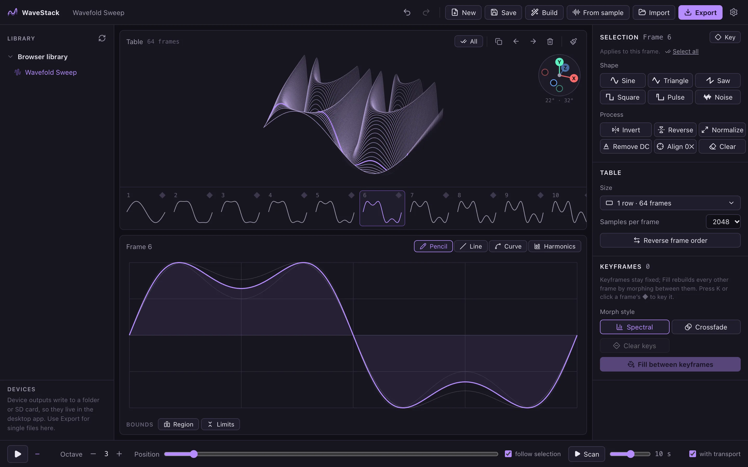 WaveStack showing a 64-frame wavefold table in its 3D view, with the frame editor below and the inspector on the right (Violet color scheme)