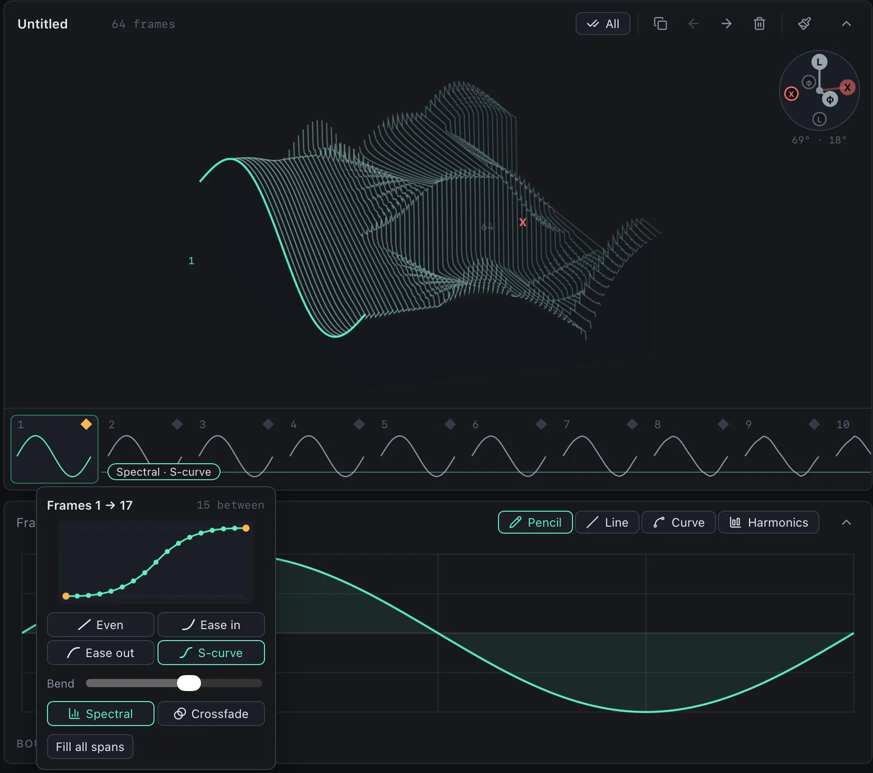 The frame strip with a filled gap between keyframes 1 and 17 and its transition popover open: an S-curve timing graph, the Even, Ease in, Ease out and S-curve choices, a Bend slider, and Spectral or Crossfade
