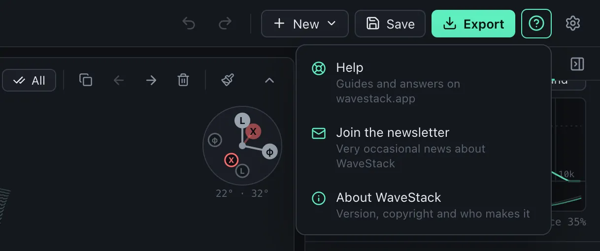 The ? menu open next to the Settings gear, with Help, Join the newsletter and About WaveStack