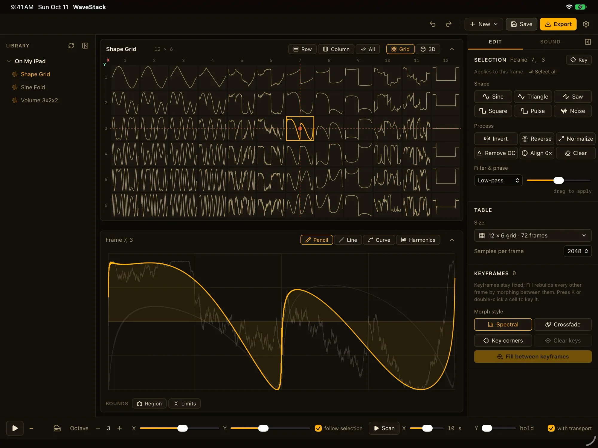 WaveStack on an iPad in landscape, showing a 12 by 6 grid of waveforms in the Amber CRT theme
